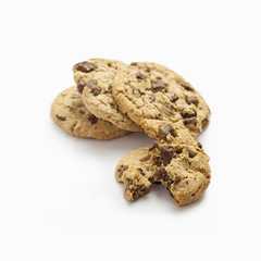 Chocolate chip cookie on white background.