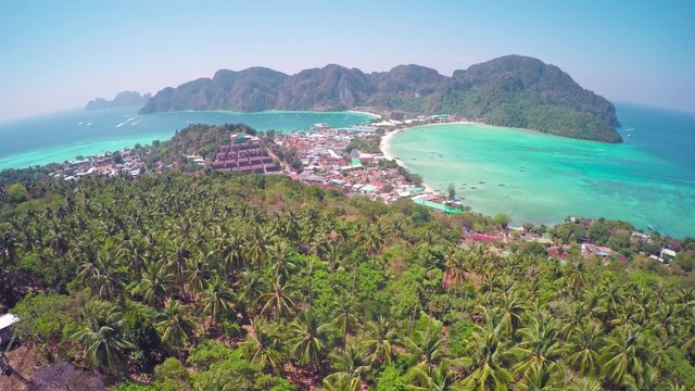 Flying over Phi-Phi Don island, Krabi Province, Thailand, 4k
