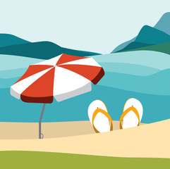 Summer beach with color flip flops and red umbrella. Flat design illustration.