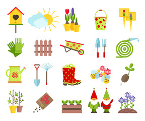 Fototapeta na wymiar Garden tools and other elements of gardening flat icons set