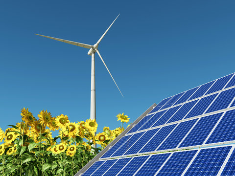 Solaranlage, Windkraftanlage und Sonnenblumen