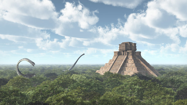 Dinosaurs and Mayan temple