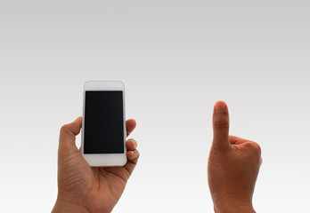 a man using hand holding the smartphone and thumb up