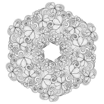 Vector Monochrome Hand Drawn Wreath with Decorative Clover and C