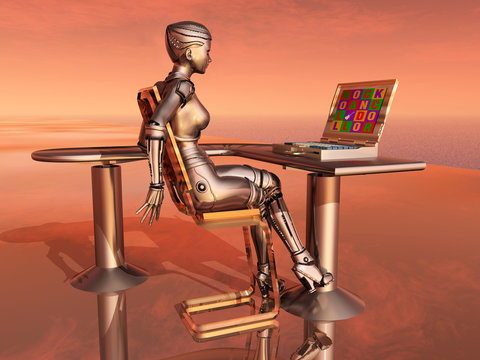 Female robot and laptop