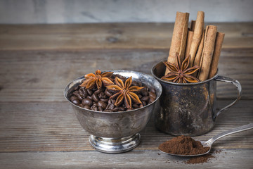 Wooden table of star anise and cinnamon