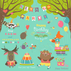 Birthday party elements with cute animals