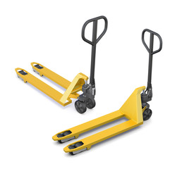 Two hand pallet trucks on a white background. 3D rendering.