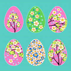 Easter eggs with spring flowers blooming apple tree pattern set vector illustration