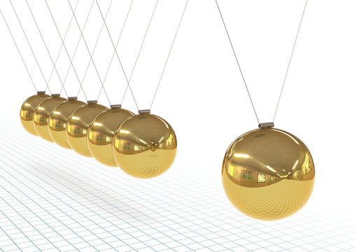 Sieben goldfarbene 3D Pendel mit Tiefenperspektive auf kariertem wei&szlig;em Hintergrund - Kugelsto&szlig;pendel, Newtonpendel, Kugelpendel, Newton-Wiege - Golden Pendulum, Newton's Cradle.