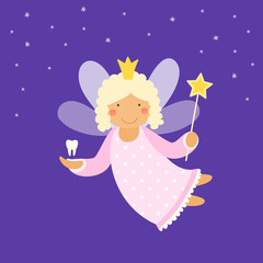 Fototapeta na wymiar Cute hand drawn card as funny smiling cartoon character of tooth fairy with crown and magic wand in the night sky