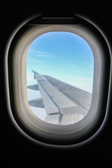Fototapeta na wymiar Views of airplane's wing from seat in aircraft