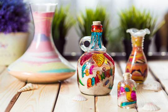 Decorative Glass Bottles with Colored Sand Inside and Shapes of Desert and Camels