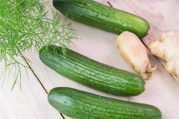 Ingredients for cucumber, ginger, spring fresh dill infused wate
