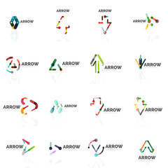 Set of linear arrow abstract logos, connected multicolored segments lines in directional pointer figures
