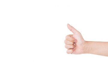 Hand gesturing thumb a lift on white background