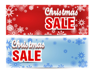 Fototapeta na wymiar christmas two banners withs snowflakes, text on red and blue bac