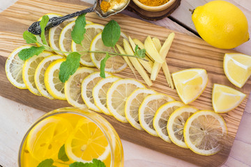 Ginger, lemon, mint infused turmeric water and ingredients.