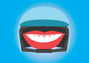 Dental insurance concept. Smailey mouth with beautiful teeth protected by a motorbike helmet.