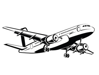 Fototapeta na wymiar Plane is landing and take-off, the gear. Travel and transportation. Plane icon in monochrome style. Airlines. Airplane flying in the sky. Airplanes silhouettes high detailed, business travel