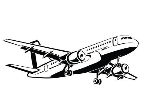 Plane is landing and take-off, the gear. Travel and transportation. Plane icon in monochrome style. Airlines. Airplane flying in the sky. Airplanes silhouettes high detailed, business travel