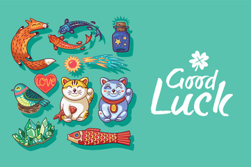 Good Luck. Cute hand drawn card with lucky charms