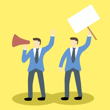 businessmen are protesting with megaphone and blank placard holding. Cartoon vector illustration concept for social issues