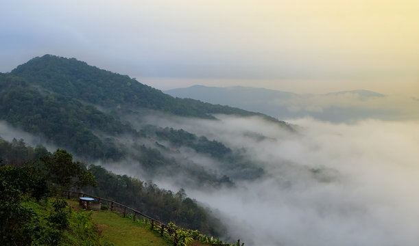 Fototapeta Mountain with fog in the morning