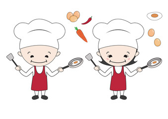 Chef man and woman frying egg