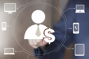 Businessman touch button interface web dollar currency