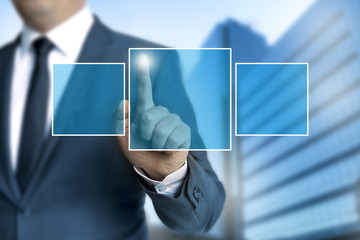 Man pointing at touchscreen concept template