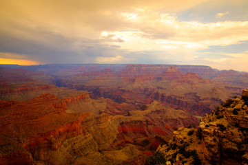 Famous Grand Canyon after heavy storm at sunset