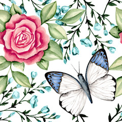 Rose and butterfly pattern. Watercolor hand drawn. Vector illustration