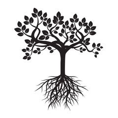 Black Tree and Roots. Vector Illustration.