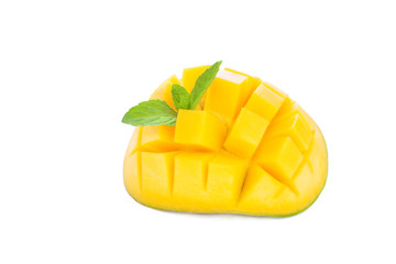 Fresh ripe juicy sliced mango on a white background, isolated, closeup.
