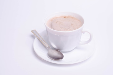 A cup of cappuccino coffee on white background