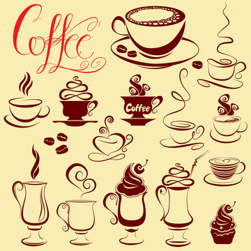 Set of coffee cups icons, stylized sketch symbols