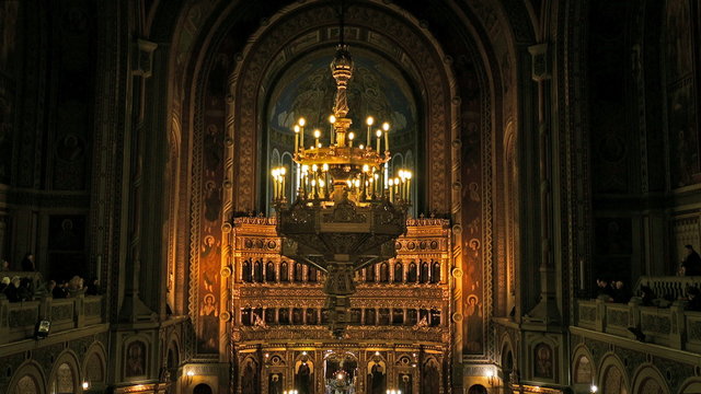 TIMISOARA, ROMANIA MARCH 20.2016: Interior of orthodox Metropolitan cathedral in Timisoara, Romania, to one day in prayer.4k footage.