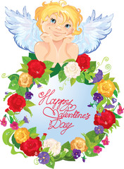 Cute angel with flowers. Valentines Day card design.