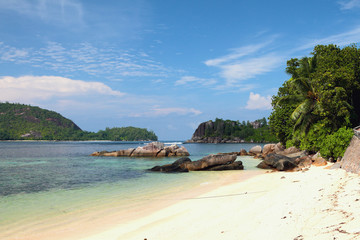 Sandy coast, bay Anse Islette. Port Glaud, Mahe, Seychelles