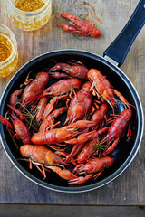 Red boiled crayfish  and a glass of beer
