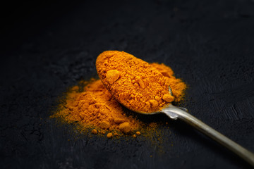 turmeric in a vintage spoon on a black background
