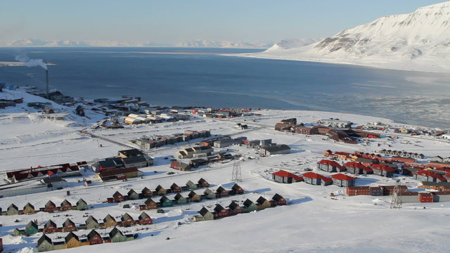 Longyearbyen, Svalbard. The World's Northernmost Inhabited Place. View of the Bay and town from the mountains. March