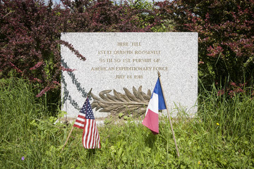 Memorial stone at the crash site where 1st Lt Quentin Roosevelt died on July 14, 1918, Chamery, North-Eastern France. Quentin was a son of Theodore Roosevelt.
