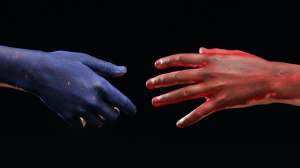 Fototapeta na wymiar Hands in the paint. Greeting. The hands are drawn to each other. Handshake. Conceptual. Black background. Bright colors 