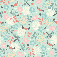 Spring seamless pattern with flowers and hearts
