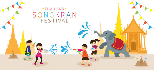 Songkran Festival, Kids Playing Water in Temple, Thailand Traditional New Year's Day - 105956934