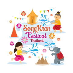 Fototapeta premium Songkran Festival, Kids Playing Water, Traditional Thai Clothing, Thailand Traditional New Year's Day
