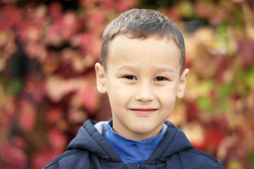 Young boy against autumn leafs in the park