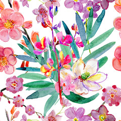 Obraz premium beautiful seamless pattern with flowers and palm leaves. watercolor illustration on white.